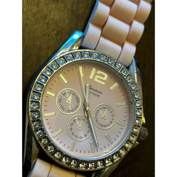 Geneva Accessories - Geneva Pink Dial Round Silver Tone Case Pink Silicone Band Watch